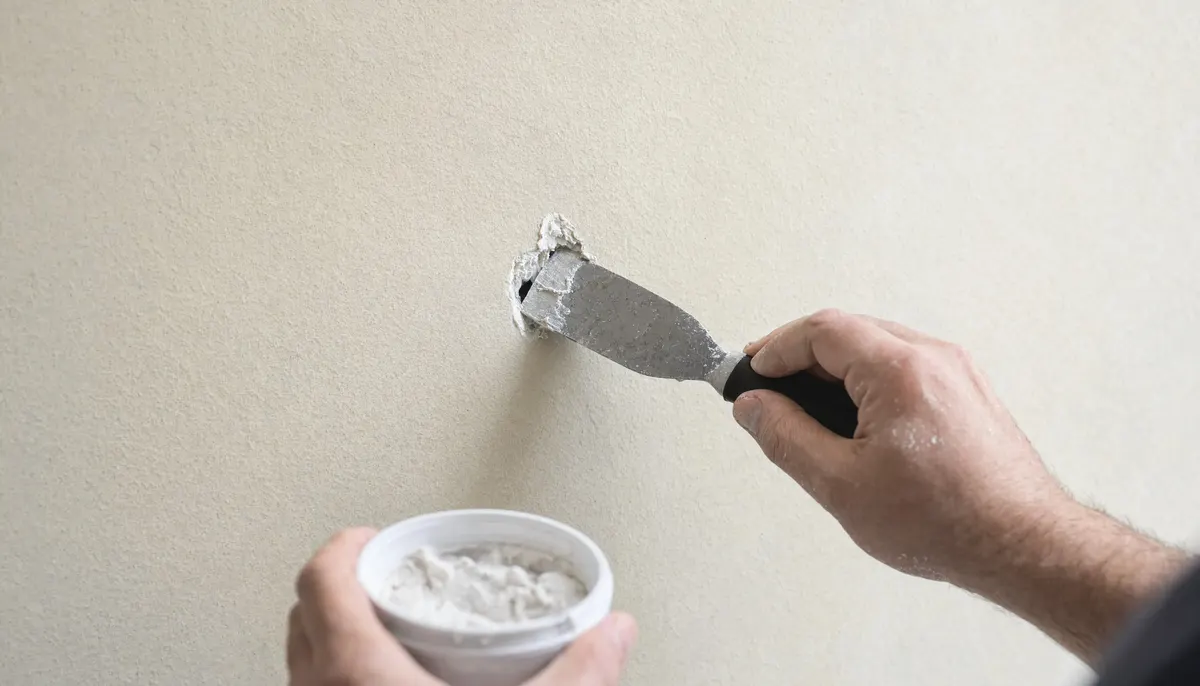Filler being pressed into a hole with a scraper during a plaster repair