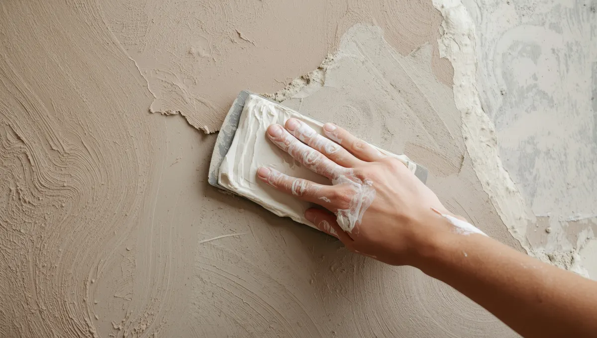 Hand smoothing fresh plaster over a heavily textured, swirled wall