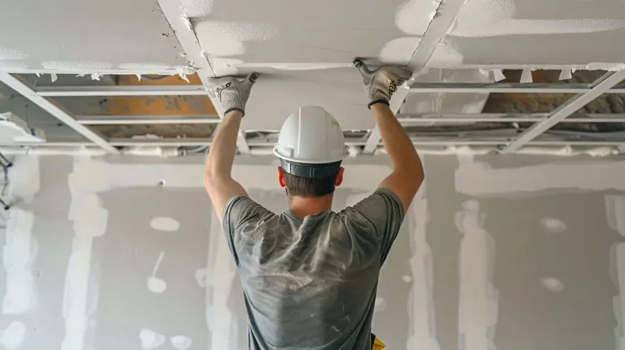 Plasterer in a hard hat fixing plasterboard to a ceiling frame