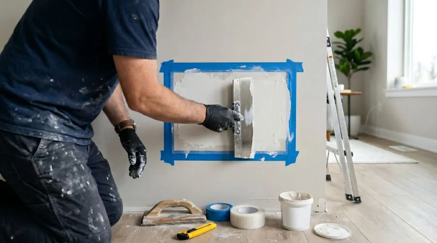 Plasterer levelling a patch repair on a taped-off section of wall