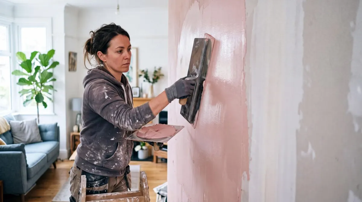 Plasterer skimming a wall to a smooth finish in a Bournemouth home